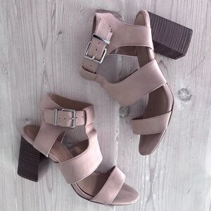Express Pink and Brown Heeled Sandals with Chunky Block Heel